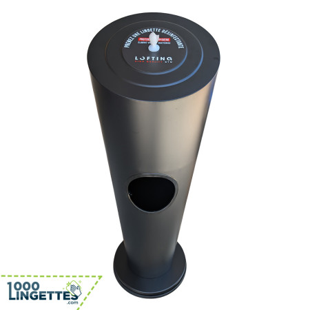 Dispensador de suelo de acero pulido para toallitas desinfectantes.